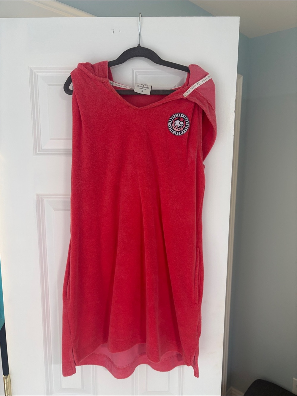 Ivory Ella red Terri cloth hooded towel long cover-up with matching shorts